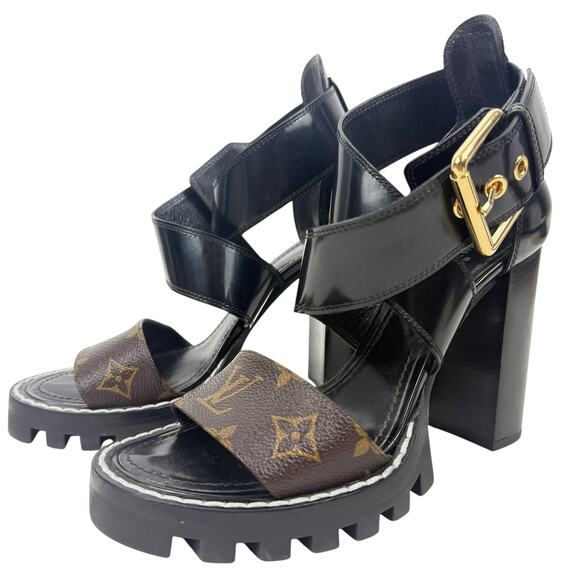 Louis Vuitton Star Trail Monogram Glazed Leather Sandals Black Size 37 - Picture 2 of 10